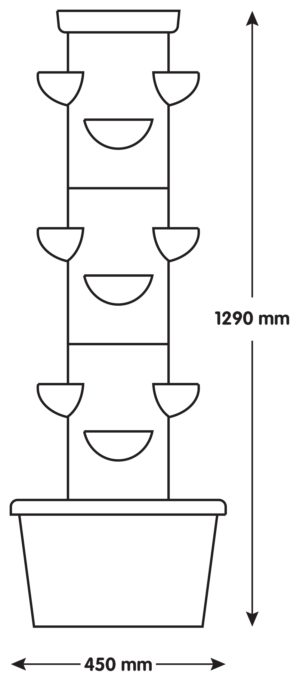 Planter Tower Official CAD Dimension Schematic: 1290mm Height, 450mm Base Diameter